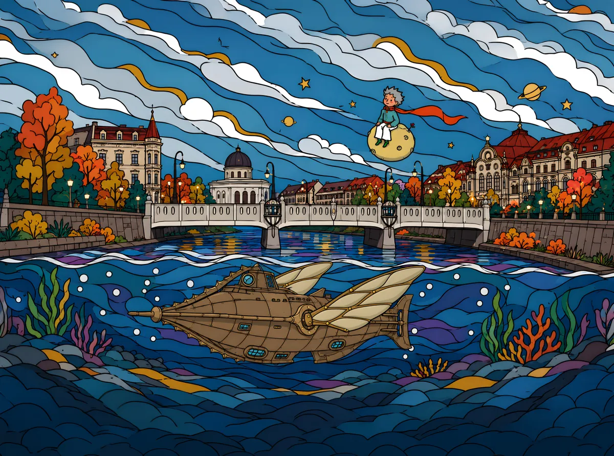 Az Oradea Festifall illusztrációja - a folyó feletti híd, a kis herceg a holdon és egy fantasztikus tengeralattjáró - a RIVO és a Festifall logójával