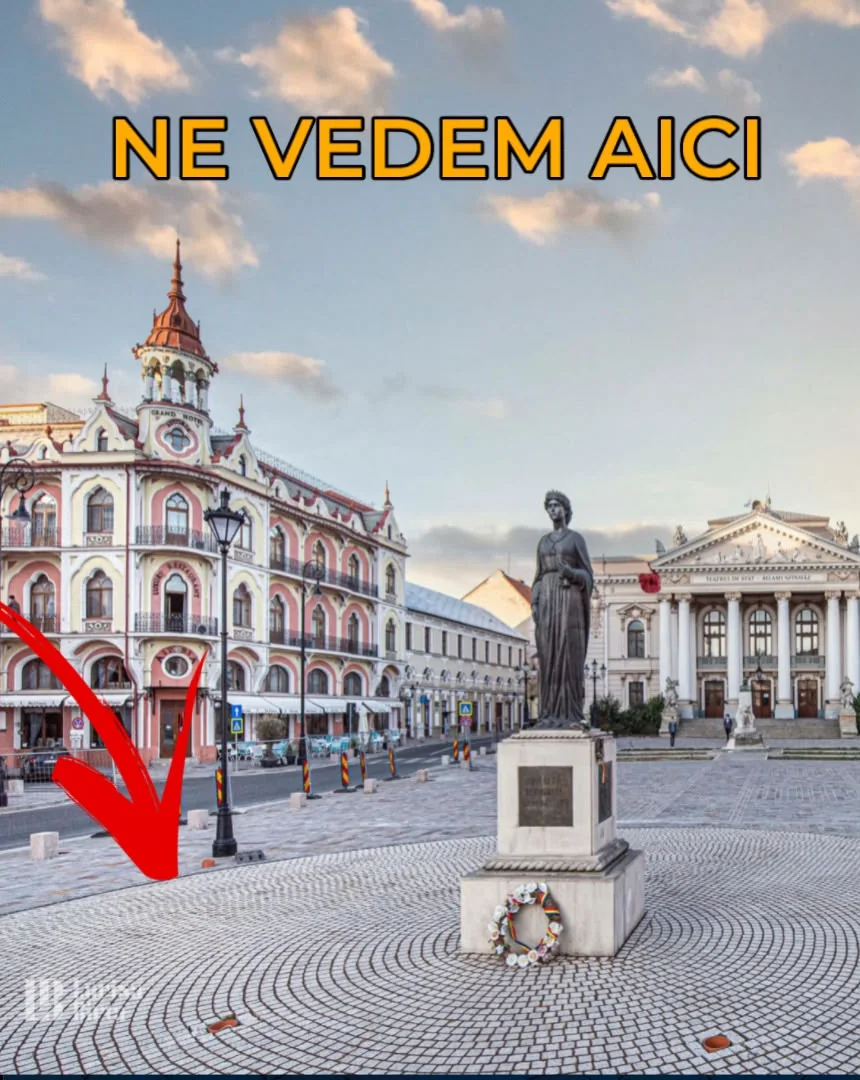 A nagyváradi Ferdinánd tér a Fekete Sas palotával, Mária királyné szobrával és a színházzal; a piros nyíl a VIP Platform by RIVO helyét mutatja - itt találkozunk