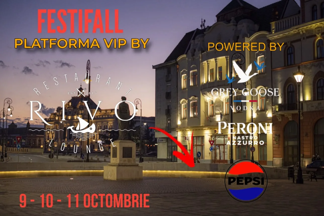 A Ferdinánd tér este, a kivilágított Regina Maria Színházzal és a VIP Platform by RIVO felé mutató nyíllal, powered by Grey Goose, Peroni Nastro Azzurro és Pepsi